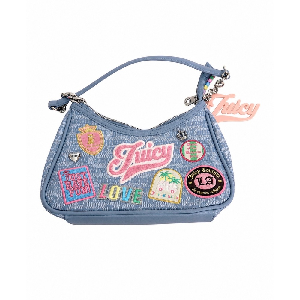 Juicy Couture Y2K Blue Denim Shoulder Bag Purse Embroidered Patches Mini Bag